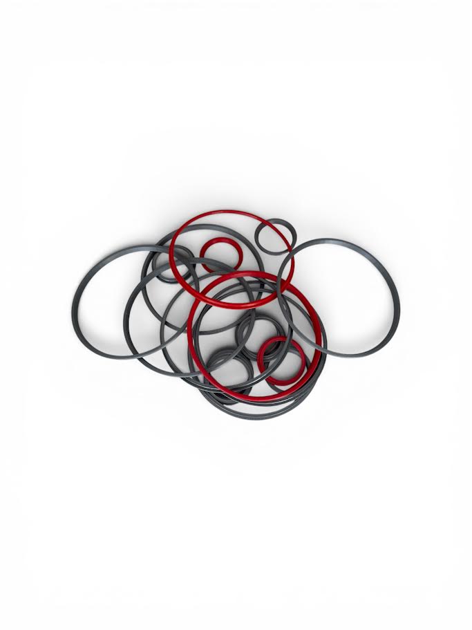 Stack of black and red cluster rings on a white background
