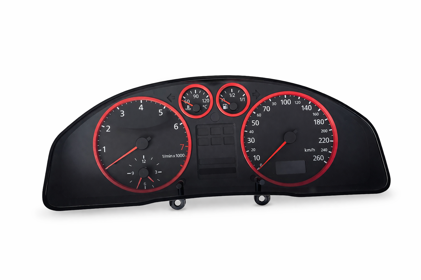 Red gauge cluster rings installed in Audi  a4 b5 interior close-up view