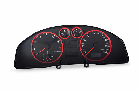 Red gauge cluster rings installed in Audi  a4 b5 interior close-up view
